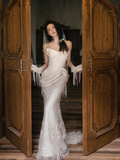 Gorgeous Mermaid Strapless Satin Tulle Lace Tassel With Gloves Long Wedding Dresses HZ1024