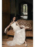 Gorgeous Mermaid Strapless Satin Tulle Lace Tassel With Gloves Long Wedding Dresses HZ1024