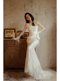 Gorgeous Mermaid Strapless Satin Tulle Lace Tassel With Gloves Long Wedding Dresses HZ1024