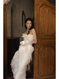 Gorgeous Mermaid Strapless Satin Tulle Lace Tassel With Gloves Long Wedding Dresses HZ1024