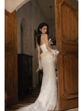Gorgeous Mermaid Strapless Satin Tulle Lace Tassel With Gloves Long Wedding Dresses HZ1024