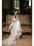 Gorgeous Mermaid Strapless Satin Tulle Lace Tassel With Gloves Long Wedding Dresses HZ1024