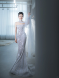 Glitter Mermaid Strapless Tulle Sequin Long Wedding Dresses HZ1024
