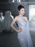 Glitter Mermaid Strapless Tulle Sequin Long Wedding Dresses HZ1024