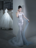 Glitter Mermaid Strapless Tulle Sequin Long Wedding Dresses HZ1024
