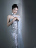 Glitter Mermaid Strapless Tulle Sequin Long Wedding Dresses HZ1024