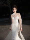 Dreamy Mermaid Strapless Tulle Lace Beaded Long Wedding Dresses HZ1024