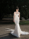 Dreamy Mermaid Strapless Tulle Lace Beaded Long Wedding Dresses HZ1024