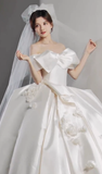 Elegant Ball Gown Off The Shoulder Satin Applique Long Wedding Dresses HZ1024