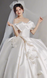 Elegant Ball Gown Off The Shoulder Satin Applique Long Wedding Dresses HZ1024