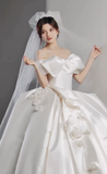 Elegant Ball Gown Off The Shoulder Satin Applique Long Wedding Dresses HZ1024