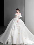 Elegant Ball Gown Off The Shoulder Satin Applique Long Wedding Dresses HZ1024