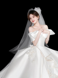 Elegant Ball Gown Off The Shoulder Satin Applique Long Wedding Dresses HZ1024