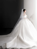 Elegant Ball Gown Off The Shoulder Satin Applique Long Wedding Dresses HZ1024