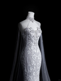 Dreamy Mermaid Strapless Satin Tulle Sequin Long Wedding Dresses HZ1024