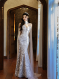 Dreamy Mermaid Strapless Satin Tulle Sequin Long Wedding Dresses HZ1024