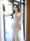 Dreamy Mermaid Strapless Satin Tulle Sequin Long Wedding Dresses HZ1024