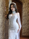 Dreamy Mermaid Strapless Satin Tulle Sequin Long Wedding Dresses HZ1024