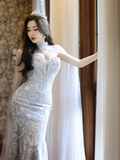 Dreamy Mermaid Strapless Satin Tulle Sequin Long Wedding Dresses HZ1024