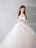 Elegant Ball Gown Strapless Tulle Lace Bow With Gloves Long Wedding Dresses HZ1024