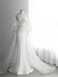 Dreamy White Mermaid Strapless Satin Tulle Sequin Beaded Long Wedding Dresses HZ1024