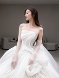 Elegant White Ball Gown Strapless Satin Chiffon Sequin Beaded With Gloves Long Wedding Dresses HZ1024