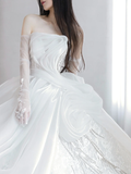 Elegant White Ball Gown Strapless Satin Chiffon Sequin Beaded With Gloves Long Wedding Dresses HZ1024