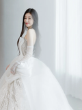 Elegant White Ball Gown Strapless Satin Chiffon Sequin Beaded With Gloves Long Wedding Dresses HZ1024
