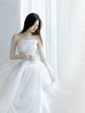 Elegant White Ball Gown Strapless Satin Chiffon Sequin Beaded With Gloves Long Wedding Dresses HZ1024