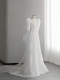 Chic Pretty Mermaid Satin Tulle Feather Short Sleeves Long Wedding Dresses HZ1024