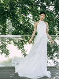 Elegant A Line Halter White Chiffon Long Wedding Dresses HZ1024