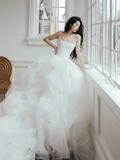 Dreamy Ball Gown Strapless Satin Tulle Long Wedding Dresses HZ1024