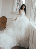 Dreamy Ball Gown Strapless Satin Tulle Long Wedding Dresses HZ1024