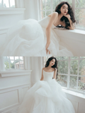 Dreamy Ball Gown Strapless Satin Tulle Long Wedding Dresses HZ1024