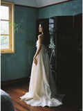 Elegant A Line Off The Shoulder Satin Lace Long Wedding Dresses HZ1024