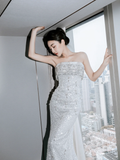 Timeless Mermaid Strapless Satin Sequin Beaded Long Wedding Dresses HZ1024