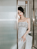 Timeless Mermaid Strapless Satin Sequin Beaded Long Wedding Dresses HZ1024