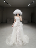Elegant Mermaid Strapless Tulle Lace Long Wedding Dresses HZ1024