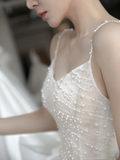 Pretty Ball Gown Spaghetti Straps Tulle Beaded Long Wedding Dresses HZ1024