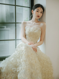 Dreamy Ball Gown Strapless Tulle Beaded Long Wedding Dresses HZ1024