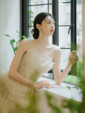 Dreamy Ball Gown Strapless Tulle Beaded Long Wedding Dresses HZ1024