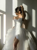 Chic Ball Gown Strapless Satin Tulle Slit Long Wedding Dresses HZ1024