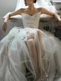Chic Ball Gown Strapless Satin Tulle Slit Long Wedding Dresses HZ1024