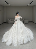 Dreamy Ball Gown Off The Shoulder Lace Long Sleeves Long Wedding Dresses HZ1024