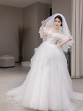Elegant Ball Gown Off The Shoulder Tulle With Veil Long Wedding Dresses HZ1024