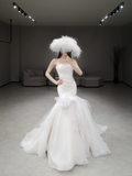 Chic Mermaid Strapless Tulle Long Wedding Dresses HZ1024