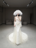 Timeless Mermaid Halter Tulle Lace Long Wedding Dresses HZ1024