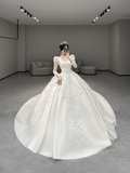 Timeless Ball Gown Satin Applique Long Sleeves Long Wedding Dresses HZ1024