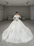 Dreamy Ball Gown Off The Shoulder Tulle Lace Long Sleeves Long Wedding Dresses HZ1024