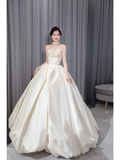 Unique Ball Gown Starpless Satin Applique Long Wedding Dresses HZ1024